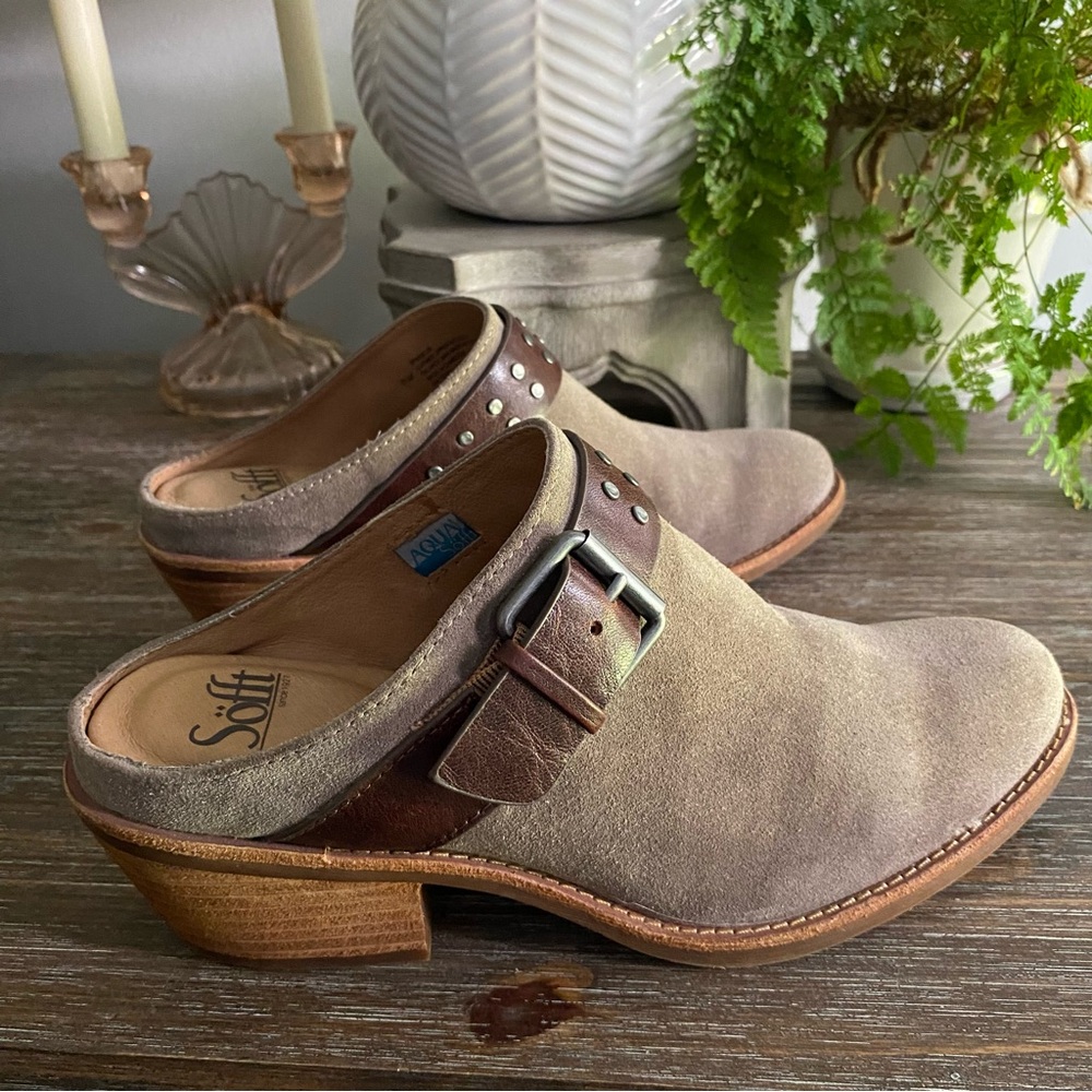✨Sofft Adena Slip On Backless Bootie Block Heel Mules Clogs Taupe Suede Sz 8.5 M